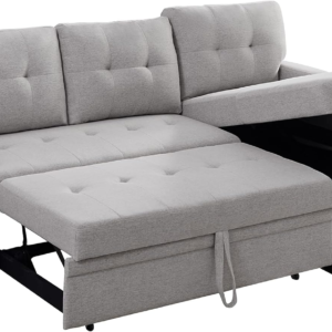 Mabel Light Gray Linen Fabric Sleeper Sectional with Cupholder, USB Charging Port and Pocket