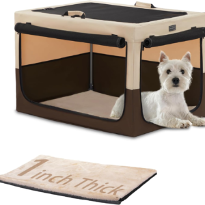 Portable Dog Crate, Collapsible Dog Crate - 24 Inch Easy Set-Up, Light, Sturdy, Comfy inside with Thicken Mat, Soft Crate for Home and Travel Brown