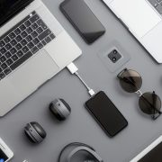 A flat lay image showcasing various charging devices and stations for smartphones, laptops, and other gadgets.